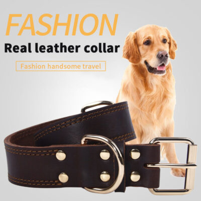 587690031 Cowhide Dog Collar Vintage Copper Hook Buckle Head Golden Hair German Shepherd Medium And Large Dogs Special Collar Pet Supplies