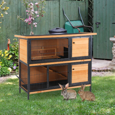 a31b0663-ad5c-425a-a619-157eb66aa622-1.jpg 48" 2-Story Large Rabbit Hutch Bunny Cage Wooden Pet House Metal Frame with Rooms, Ramp, No Leak Tray, Feeding Trough, Waterproof Asphalt Roof for Rabbits, Chickens, Ducks, Outdoor/Indoor