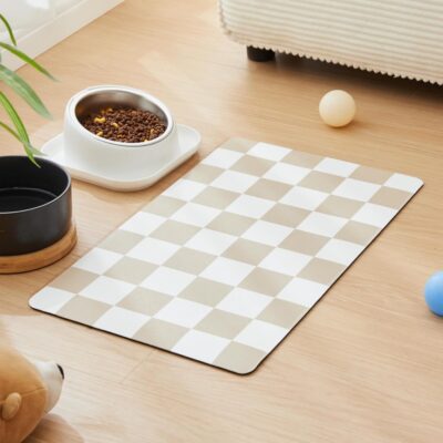a824ed74-57dc-4cfe-85da-a20668706140.jpg Dog Feeding Mat, Absorbent Mats For Dog Food And Water Bowl, Dispenser, Retro Aesthetic Khaki Beige Checkerboard Pet Placemat For Dogs, Cats, Puppy