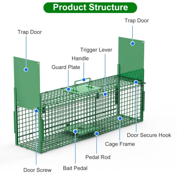 aa52af7d-105d-46e6-b428-2dc59d870853.jpg 32in 2 Door Live Animal Cage Trap With Glove Green For Animals Under 12LBS Easy To Setup Humane Galvanized Iron Trap Cage For Rabbits Groundhogs Skunk Opossums Nutria Stray Cats