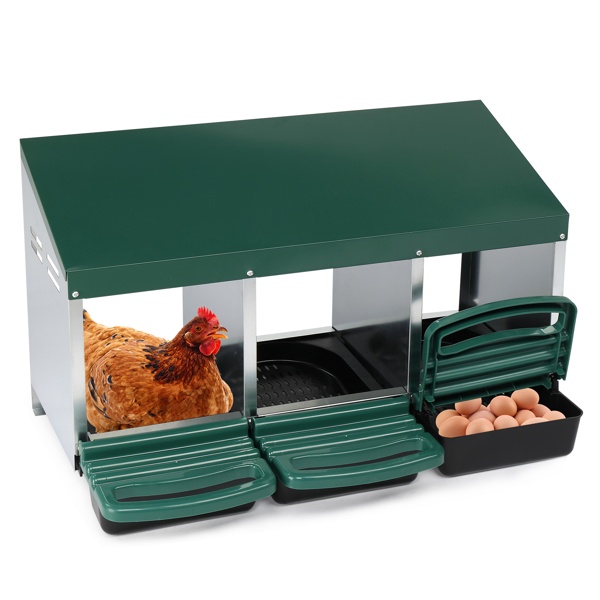 af6d26b7-5846-4e28-937a-0445c0bb0152.jpg 3 Compartment Roll Out Chicken Nesting Box With Plastic Basket, Egg Nest Box Chicken Laying Box Hens Chicken Coop Box, Green