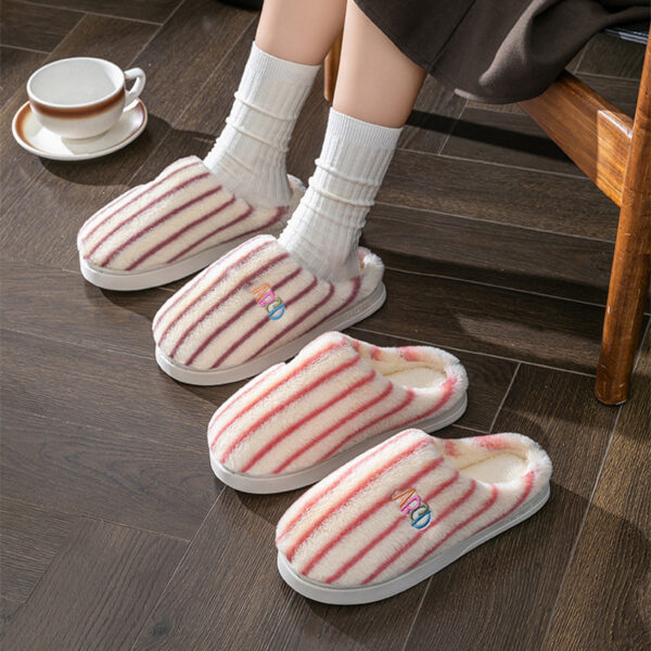 af85b169-5f34-46c5-9ff1-8a0b78b9d76f.jpg Ins Plush Striped Slippers Winter Warm Letter Embroidered Shoes Fashion Floor Bedroom Home Slipper For Women Men Couples