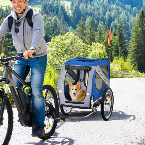 bab01646-45cb-45e3-a839-910c027a5867.jpg Dog Bike Trailer, Pet Wagon Bicycle Trailer With Easy Folding Cart Frame, 20" Large Rubber Wheels, 3 Entrances, Mesh Screen, Pet Bike Trailer For Off-Road & Travel, Blue And White
