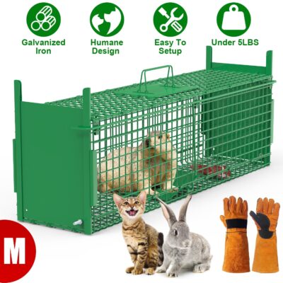 bab114e1-d445-42f1-95fa-077093d5640e.jpg 32in 2 Door Live Animal Cage Trap With Glove Green For Animals Under 12LBS Easy To Setup Humane Galvanized Iron Trap Cage For Rabbits Groundhogs Skunk Opossums Nutria Stray Cats