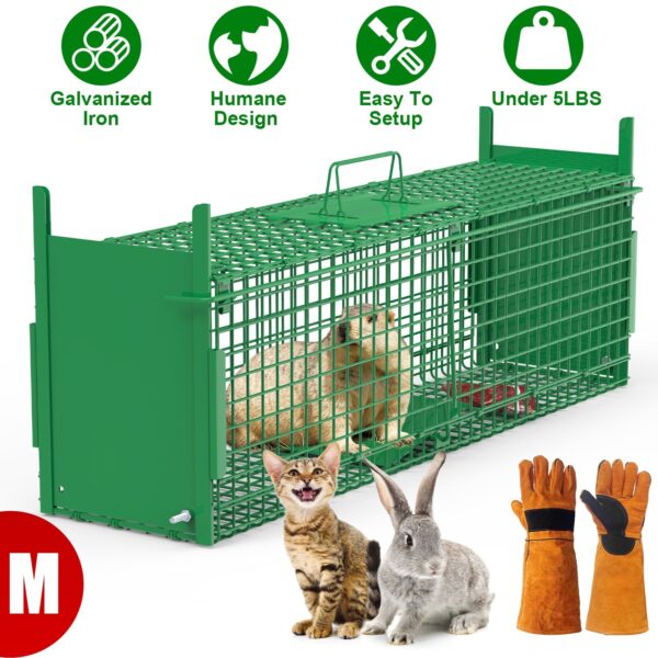 bab114e1-d445-42f1-95fa-077093d5640e.jpg 32in 2 Door Live Animal Cage Trap With Glove Green For Animals Under 12LBS Easy To Setup Humane Galvanized Iron Trap Cage For Rabbits Groundhogs Skunk Opossums Nutria Stray Cats