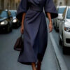 Loose Batwing Sleeve Dress Fashion Waist-tighted Solid Color Elegant Dresses For Women Clothing