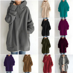 bc56ab46-5e22-48ba-8355-addf859e578b.jpg Oversized S-5XL Women Loose Hooded Coats Autumn Female Tie Collar Long Sleeve Zipper Up Add Velvet Long Sweatshirt