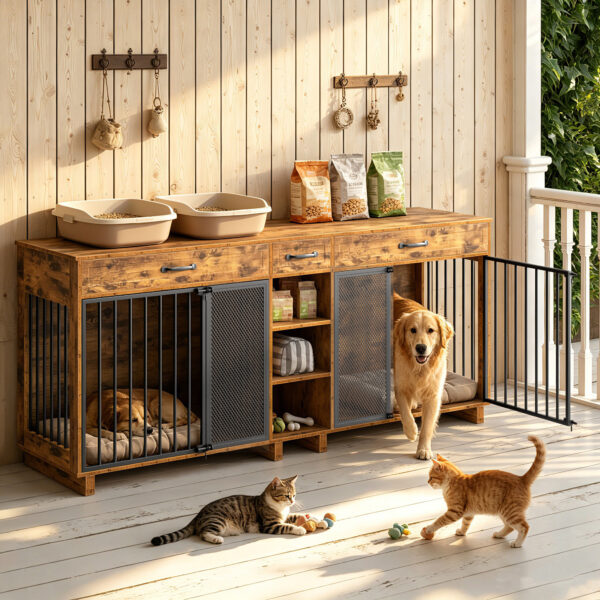 bd9aedaf7ee34b57b7453e63cf126de8.jpg Large Wooden Dog Crate Furniture, Multi-Functional Pet Cage Cabinet with Storage