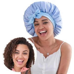 bfd9f765-b8d4-4daa-b10c-00a222ef6f1c.jpg Silk Bonnet For Sleeping Women, Satin Hair Bonnet For Sleeping For Wavy Curly Natural Hair Women Men - Blue