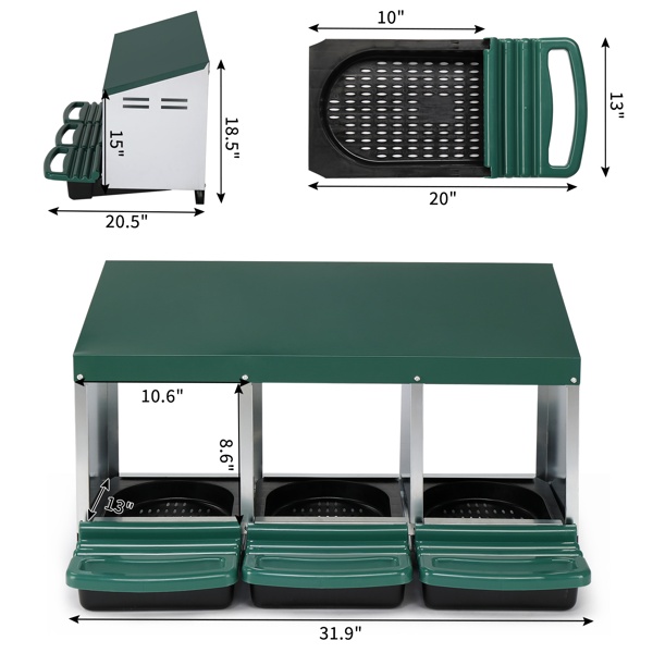 c1529f93-dec3-4909-8b80-3cc1a42d1be4.jpg 3 Compartment Roll Out Chicken Nesting Box With Plastic Basket, Egg Nest Box Chicken Laying Box Hens Chicken Coop Box, Green