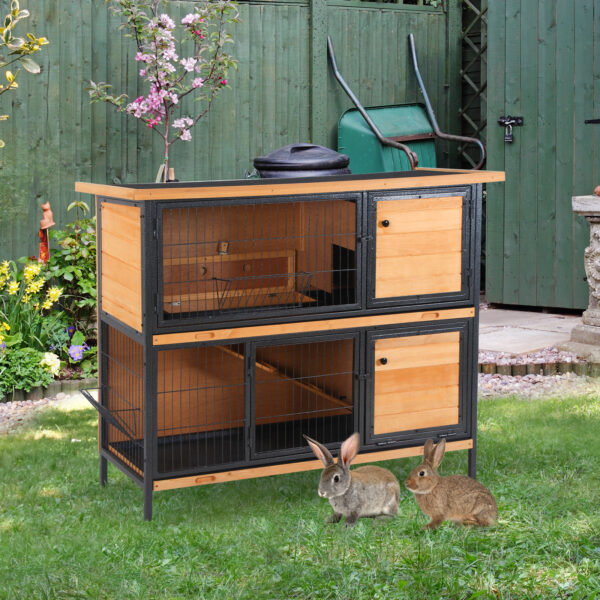 c3210d42-d294-4d5c-8a32-bbb3a4da8ac8-1.jpg 48" 2-Story Large Rabbit Hutch Bunny Cage Wooden Pet House Metal Frame with Rooms, Ramp, No Leak Tray, Feeding Trough, Waterproof Asphalt Roof for Rabbits, Chickens, Ducks, Outdoor/Indoor