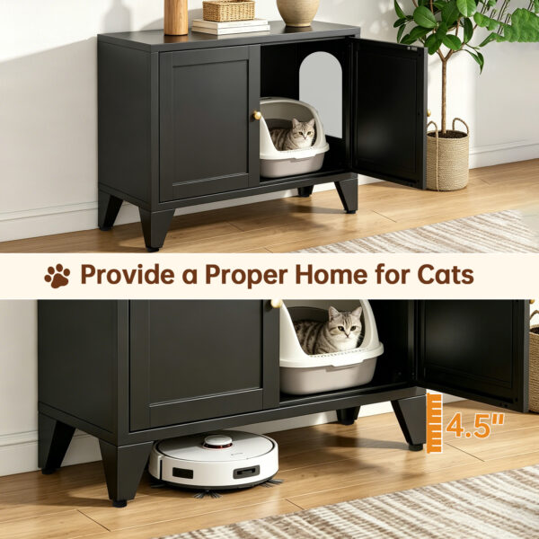 c36b8e8c-34bf-4fc6-b64d-36dc4b4ad093.jpg Metal Cat Litter Box Enclosure, Modern Hidden Litter Box Furniture Indoor Pet House, Freestanding Cat Washroom Cabinet Fits Most Standard Litter Boxes, Black Decorative Pet Side Table For Home