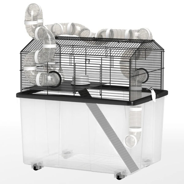 d23d5209-3b60-48ce-ae3f-106167f33bf3.jpg 2 Tier Hamster Cage With 12 Deep Tray, Tube System, Water Bottle, Ramp, Feeding Bowl, Black