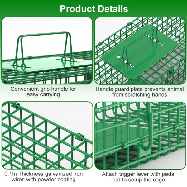 d446e53c-c4c3-44a6-bd1a-a2d34ade0793.jpg 32in 2 Door Live Animal Cage Trap With Glove Green For Animals Under 12LBS Easy To Setup Humane Galvanized Iron Trap Cage For Rabbits Groundhogs Skunk Opossums Nutria Stray Cats