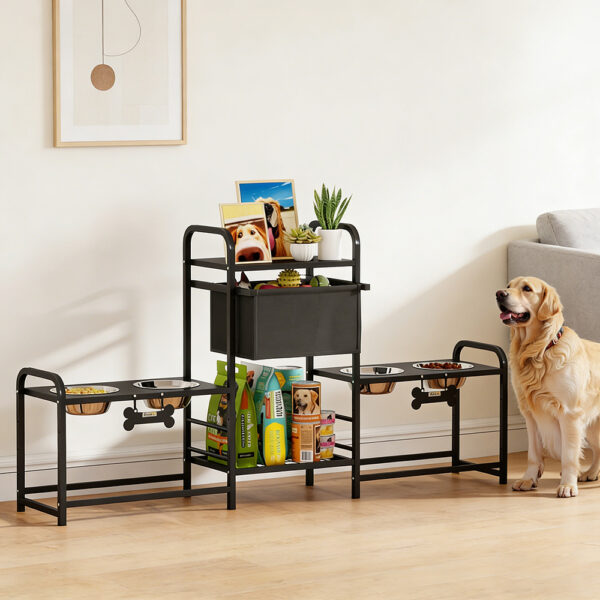 d5872ed9-7e97-496d-af12-c92757a8fb86.jpg 3 Height Adjustable Dog Bowl Stand Oxford Fabric With Features Four Bowls, Toy Bin Basket