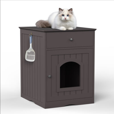 Wooden Pet House Cat Litter Box Enclosure With Drawer, Side Table, Indoor Pet Crate, Cat Home Nightstand Brown