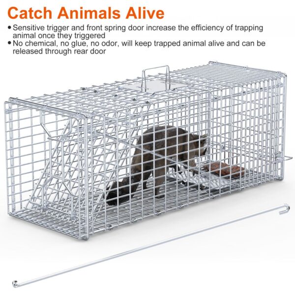 e5d3a639-1dc9-4a6b-a0bd-2c768e4338ed.jpg 1Pc Live Animal Trap Cage 37x14x15in Folding Catch And Release Humane Cat Trap Galvanized Iron For Raccoons Foxes Coyotes Stray Dogs Armadillos Squirrels