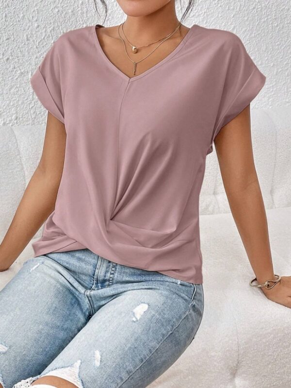 e645f490-d8ee-4673-8815-1a84ec8e55f8.jpg Fashion V-neck Short-sleeve T-shirt Summer Casual Irregular Knot Top For Women Clothing
