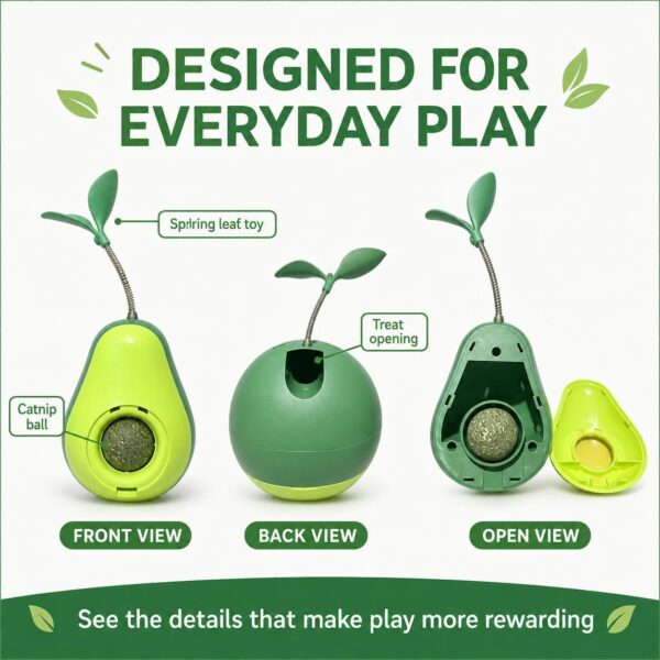 ea0c54a9-1c56-48c5-a7c0-40de5e3e86e9.jpg Avocado-Shaped Cat Tumbler Toy Interactive Wobble Toy That Self-Rights Includes Replaceable Feather & Catnip Ball Indoor Toy For Exercise, Entertainment, And Boredom Relief For Kittens