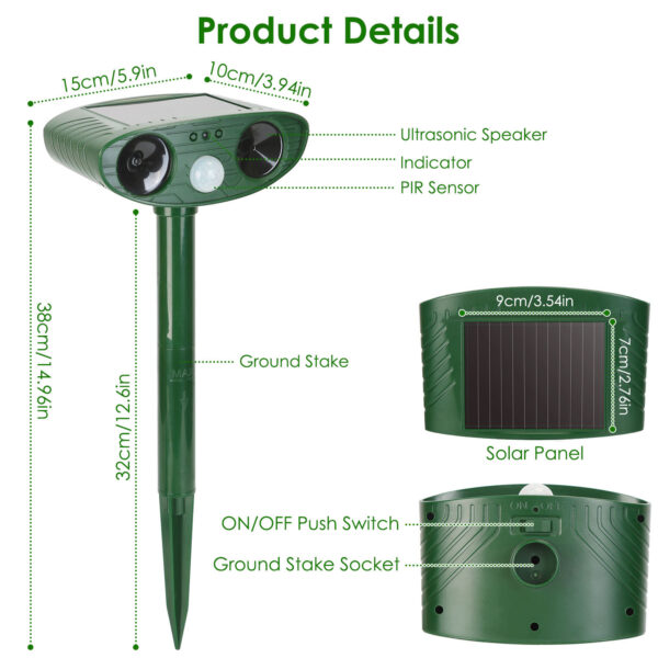 eed62ef2-edfd-4aac-92d9-b207855e7143.jpg 1Pc Solar Ultrasonic Animal Repeller PIR Motion Sensor Animal Repellent Chaser IPX4 Waterproof For Farm Garden Yard To Drive Raccoon Squirrel Rat Skunk Rabbit Mole Dog Cat Snake