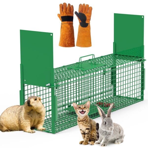 f1af9f7f-bf0f-4e88-bb12-b0660f9f3c80.jpg 32in 2 Door Live Animal Cage Trap With Glove Green For Animals Under 12LBS Easy To Setup Humane Galvanized Iron Trap Cage For Rabbits Groundhogs Skunk Opossums Nutria Stray Cats