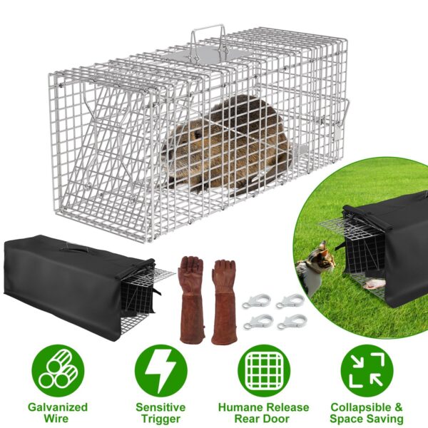f38460d9-2334-4aa1-818e-578ca4702f37.jpg 1Pc Humane Cat Trap Cage With Waterproof Cover Gloves Catch Release Live Animal Rodent Cage Collapsible Galvanized Wire For Raccoons Beavers Groundhogs Foxes Armadillos