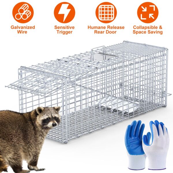 f3e36ace-ccf0-4d14-bd89-0c11416edf74.jpg 1Pc Live Animal Trap Cage 37x14x15in Folding Catch And Release Humane Cat Trap Galvanized Iron For Raccoons Foxes Coyotes Stray Dogs Armadillos Squirrels