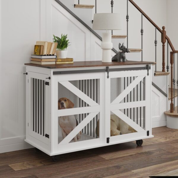 f71d67ef-d814-404b-8431-f924c44bf881.jpg 47.2 Mobile Dog Crate With Flip-Top Feeding Door, Dual-Access & 5 Caster System 2 Locking, Side Hooks - Multi-Functional Pet Kennel,double Dog Crate Furniture