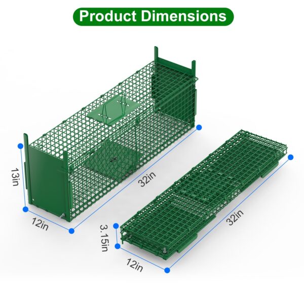 f781d6e4-fdcb-44a9-b0a6-5fbe8861ca80.jpg 32in 2 Door Live Animal Cage Trap With Glove Green For Animals Under 12LBS Easy To Setup Humane Galvanized Iron Trap Cage For Rabbits Groundhogs Skunk Opossums Nutria Stray Cats