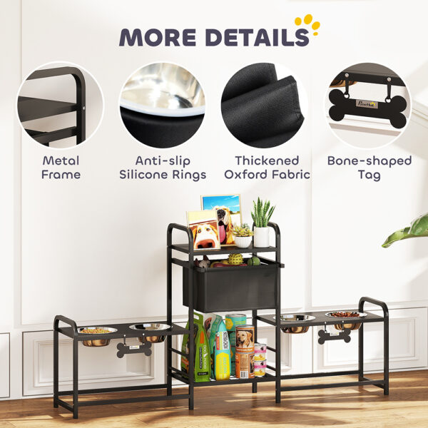 f8dd0db8-2e97-4285-9e3a-4fed2ac4e85d.jpg 3 Height Adjustable Dog Bowl Stand Oxford Fabric With Features Four Bowls, Toy Bin Basket