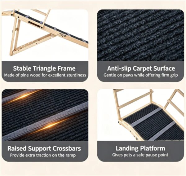 0526e13e617e4434abb18f4059ded191.jpg 6-Level Adjustable Foldable Pet Ramp , Solid Pine Wood Non-Slip Dog Stairs with Side Rails, 145 lbs Heavy Duty Pet Step for Senior Dogs & Pets with Mobility Issues
