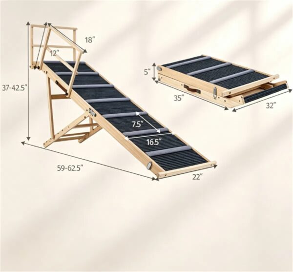 081fd273c971499ebcba09e6c18d7f77.jpg 6-Level Adjustable Foldable Pet Ramp , Solid Pine Wood Non-Slip Dog Stairs with Side Rails, 145 lbs Heavy Duty Pet Step for Senior Dogs & Pets with Mobility Issues