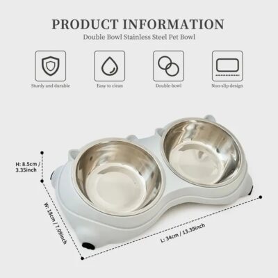 3ae299e7-88ef-4b72-bef5-de69769c5d52.jpg Anti Slip Base Double Cat Food Bowl, Gray Stainless Steel Food And Water Bowl, Easy To Clean And Detachable Design, Cat And Dog Pet Feeder