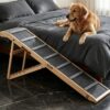 63031da4c8b44c4ab8ab46ab039f85bc.jpg 6-Level Adjustable Foldable Pet Ramp , Solid Pine Wood Non-Slip Dog Stairs with Side Rails, 145 lbs Heavy Duty Pet Step for Senior Dogs & Pets with Mobility Issues