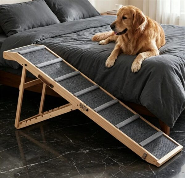 63031da4c8b44c4ab8ab46ab039f85bc.jpg 6-Level Adjustable Foldable Pet Ramp , Solid Pine Wood Non-Slip Dog Stairs with Side Rails, 145 lbs Heavy Duty Pet Step for Senior Dogs & Pets with Mobility Issues