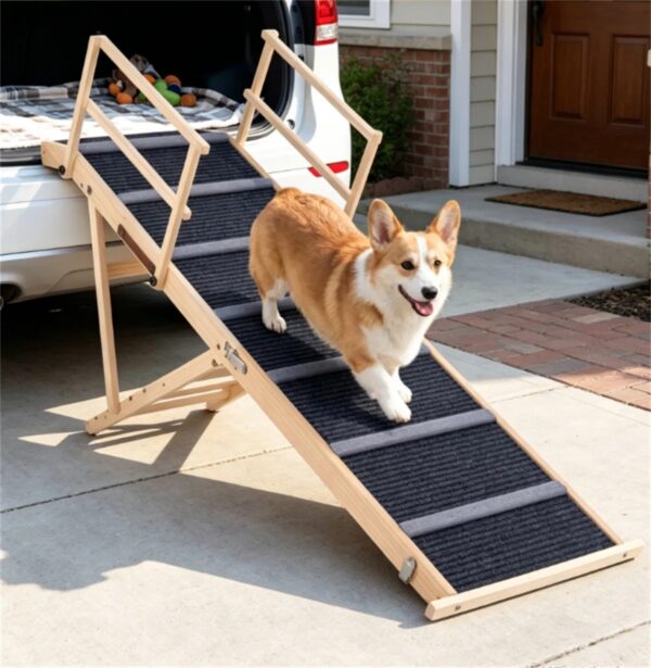 78365240b48248768d3536ac2d0b193a.jpg 6-Level Adjustable Foldable Pet Ramp , Solid Pine Wood Non-Slip Dog Stairs with Side Rails, 145 lbs Heavy Duty Pet Step for Senior Dogs & Pets with Mobility Issues