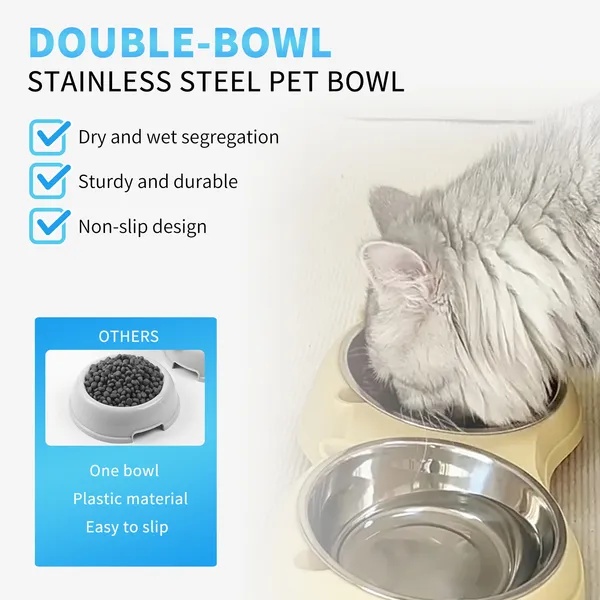 a20e2db9-ca50-46ec-b1a8-6b84256e0d8c.jpg Anti Slip Base Double Cat Food Bowl, Gray Stainless Steel Food And Water Bowl, Easy To Clean And Detachable Design, Cat And Dog Pet Feeder