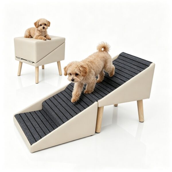 ba48ba5c-76ce-4ee2-9330-150aae36ced1.jpg 2-in-1 Dog Stairs For Bed And Couch 18.89 Foldable Dog Ramp For Couch 4 Pet Steps & Ottoman For Small Dogs, Beige