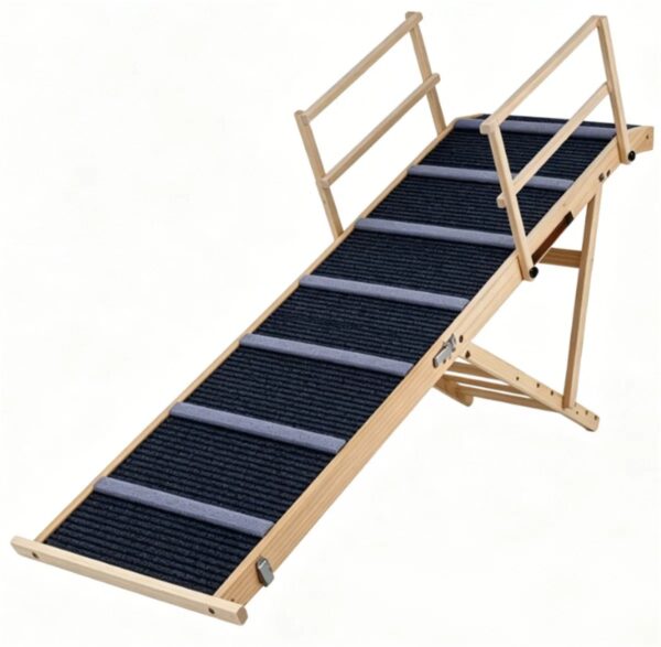 c65e21fa2e634e748bb4769c8d33dd00.jpg 6-Level Adjustable Foldable Pet Ramp , Solid Pine Wood Non-Slip Dog Stairs with Side Rails, 145 lbs Heavy Duty Pet Step for Senior Dogs & Pets with Mobility Issues