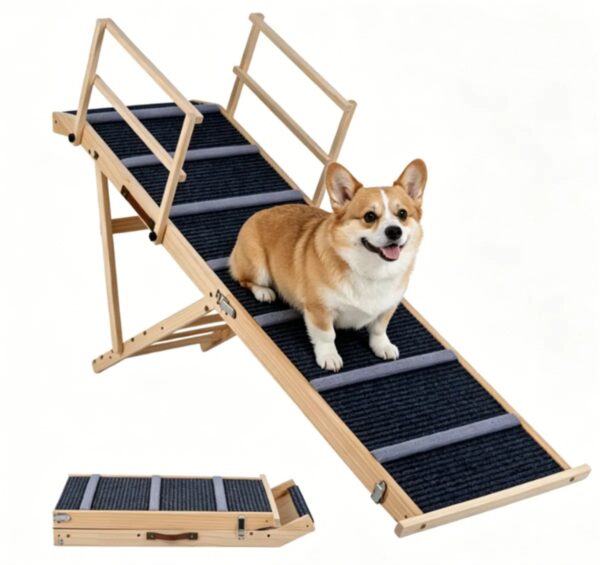 d3198ccdc8804c67a8bb44f038a82949.jpg 6-Level Adjustable Foldable Pet Ramp , Solid Pine Wood Non-Slip Dog Stairs with Side Rails, 145 lbs Heavy Duty Pet Step for Senior Dogs & Pets with Mobility Issues